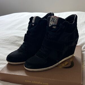 Black Wedge Sneaker with Lace and Strap